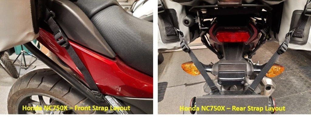 Various angles of D78 bag mounted on Honda NC750X