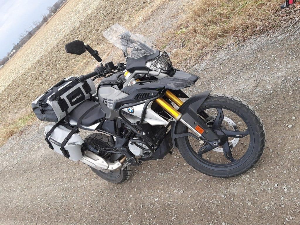 Outdoor photo of D78 bag mounted on BMW bike