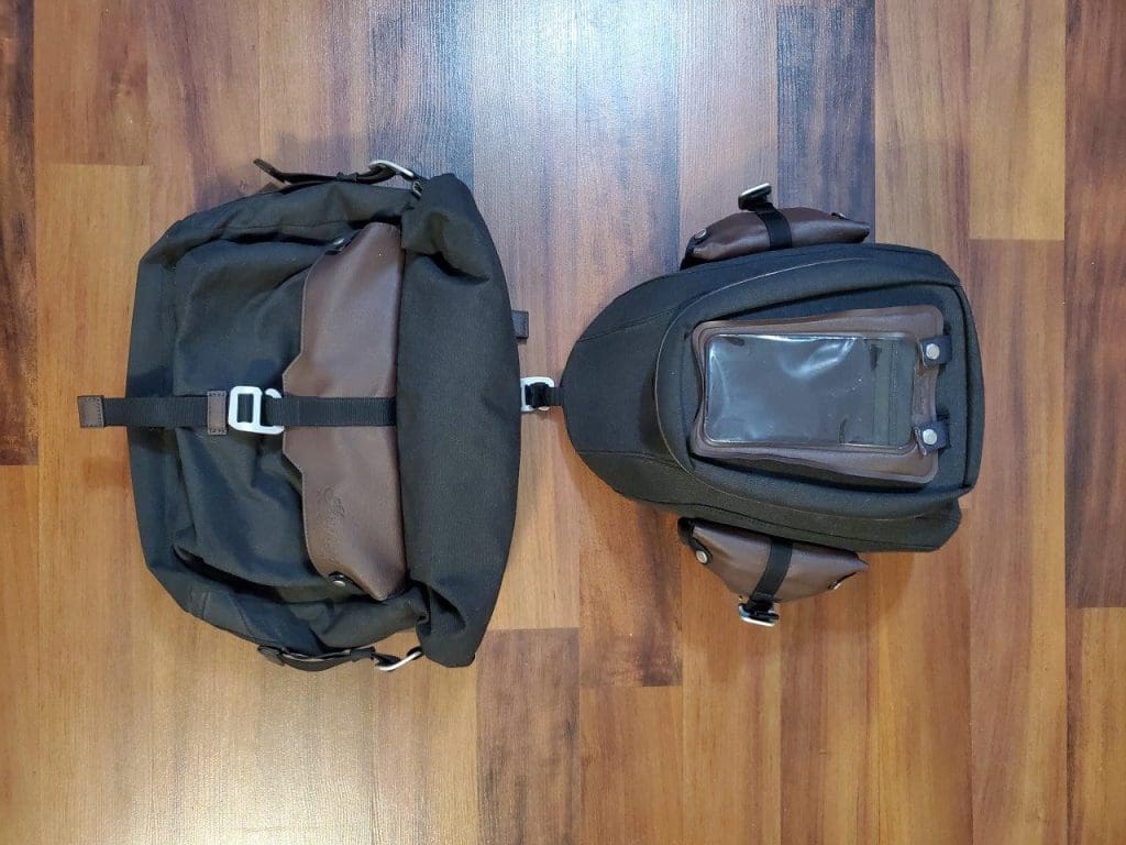 Indian FTR 1200 S all-weather vinyl messenger bag and tank bag from the Indian Tour Accessory Package