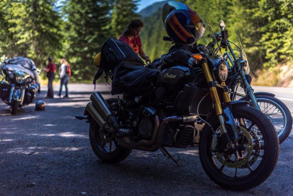 Indian FTR 1200 S with Touring Accessory package parked on Lolo Pass in Idaho