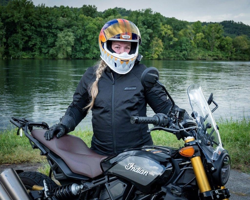  Indian FTR 1200 S by a lake in North Carolina