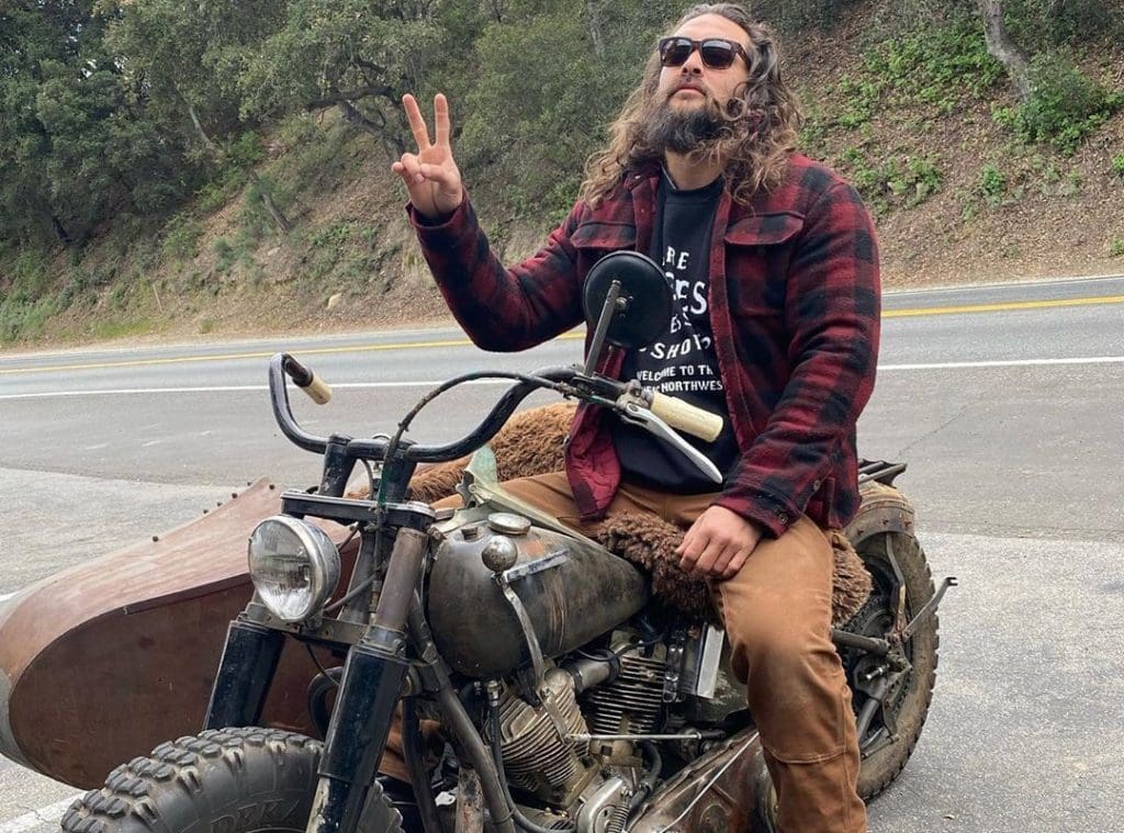 Jason Momoa on his hand-built Harley Davidson.