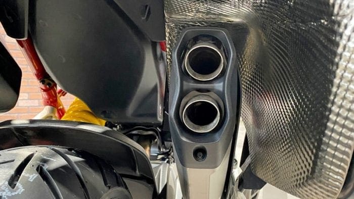 The exhaust muffler is compact on the 2021 Ducati Multistrada V4S.