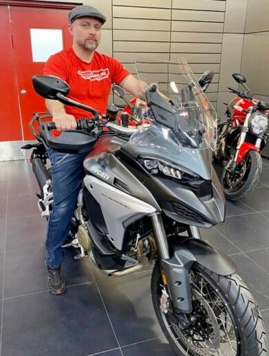 Jim Pruner sitting on a 2021 Ducati Multistrada V4S.
