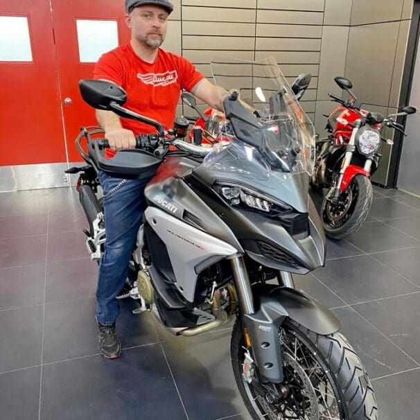 Jim Pruner sitting on a 2021 Ducati Multistrada V4S.