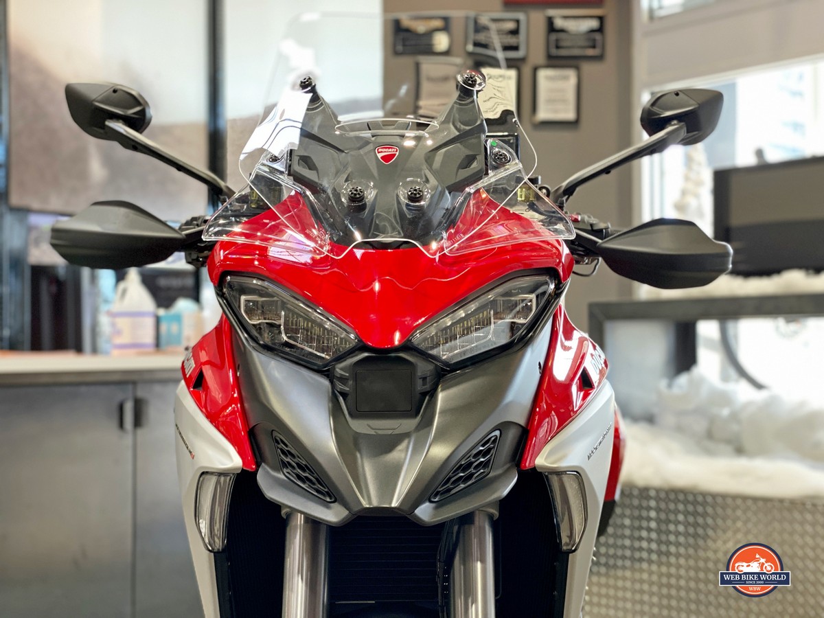 The front end of a 2021 Ducati Multistrada V4S.