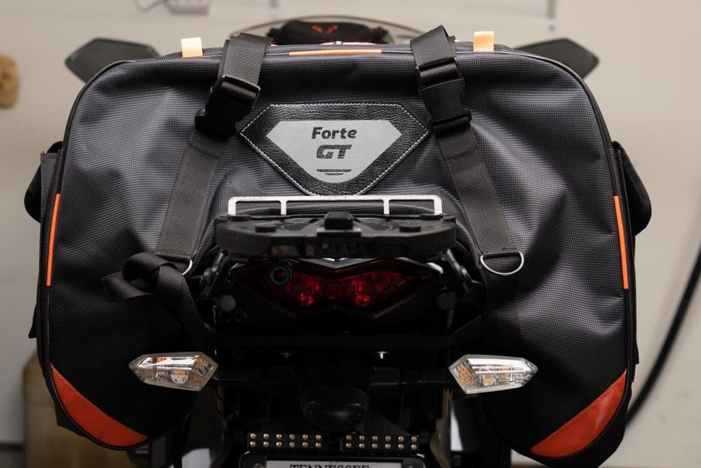 Rear view of 70086 Sentor bag mounted on Ninja 1000