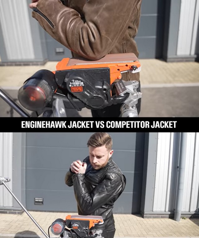 Enginehawk video screenshots showing AAA abrasion resistant jackets vs non-AAA jackets.