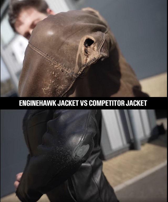 Enginehawk video screenshots showing AAA abrasion resistant jackets vs non-AAA jackets.