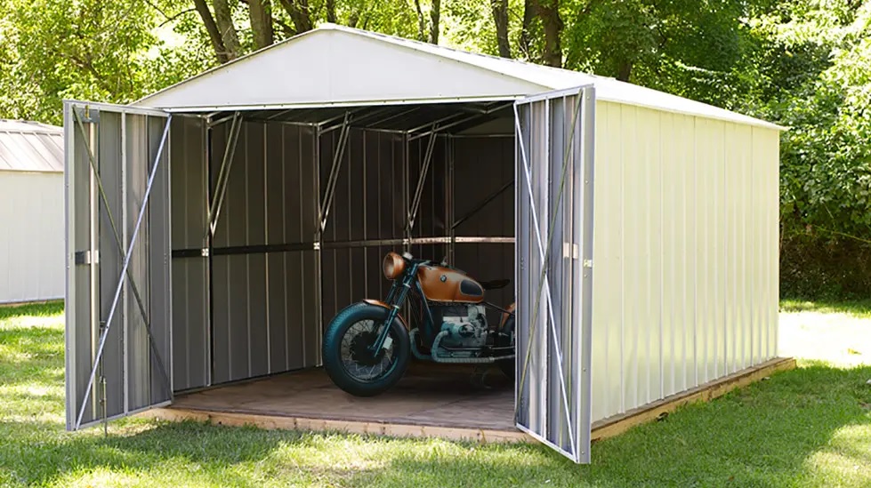 Motorcycle Parked In A Storage Shed