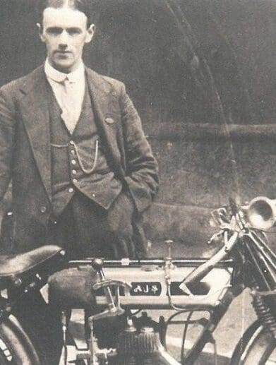 Billy Jones with his 350cc AJS, ridden in the Junior TT of 1914