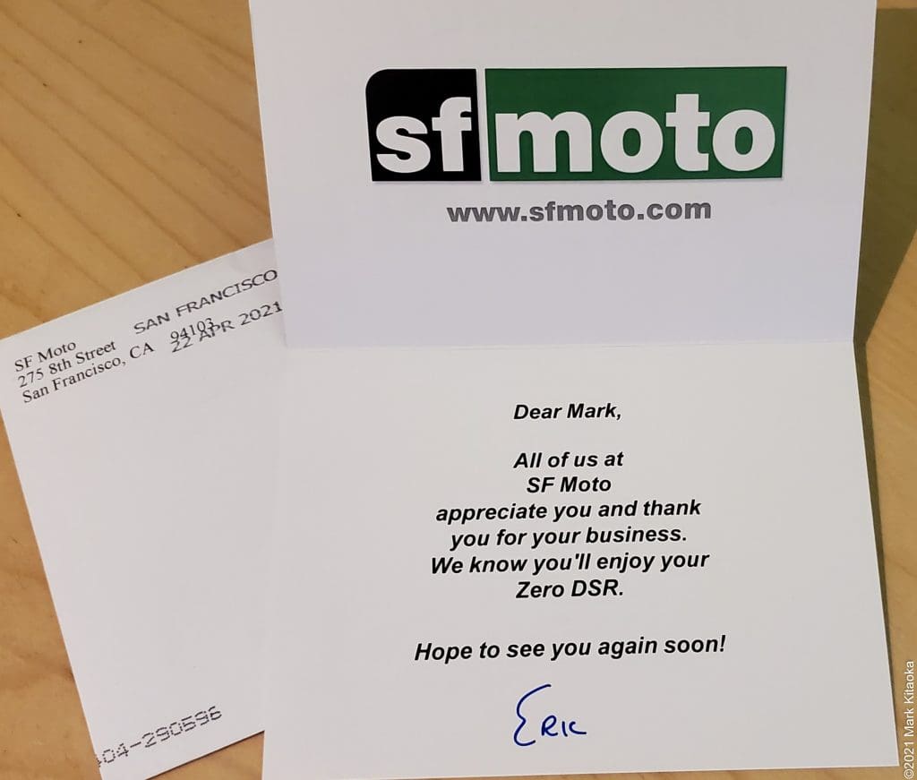 Thank you card from SF Moto