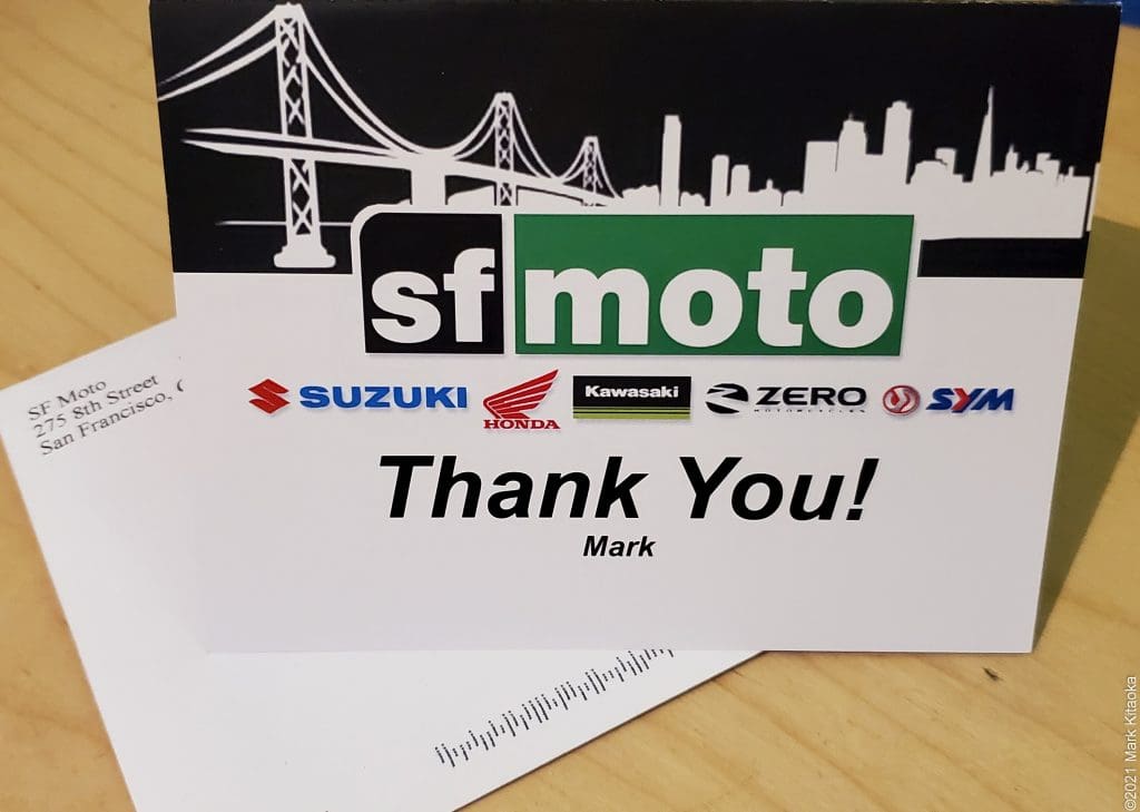 Thank you card from SF Moto