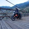 Riding over a wooden bridge on my KTM 790 adventure motorcycle.