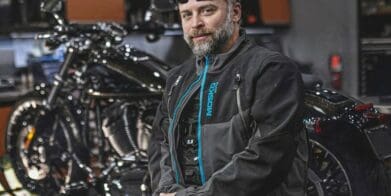 Jim wearing the Mosko Moto Basilisk jacket at a Harley Davidson dealership.