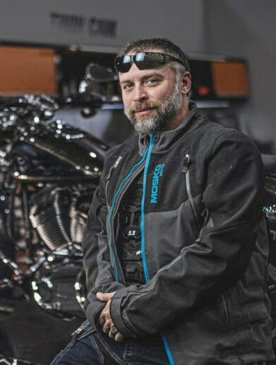 Jim wearing the Mosko Moto Basilisk jacket at a Harley Davidson dealership.