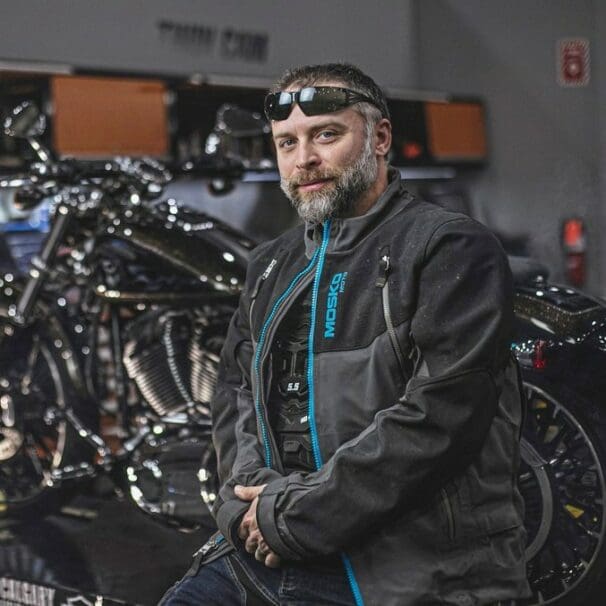 Jim wearing the Mosko Moto Basilisk jacket at a Harley Davidson dealership.