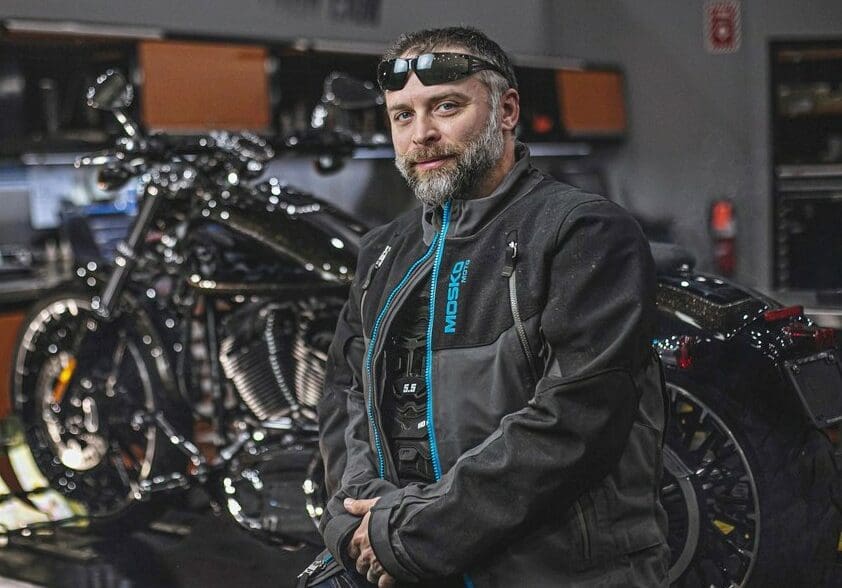 Jim wearing the Mosko Moto Basilisk jacket at a Harley Davidson dealership.