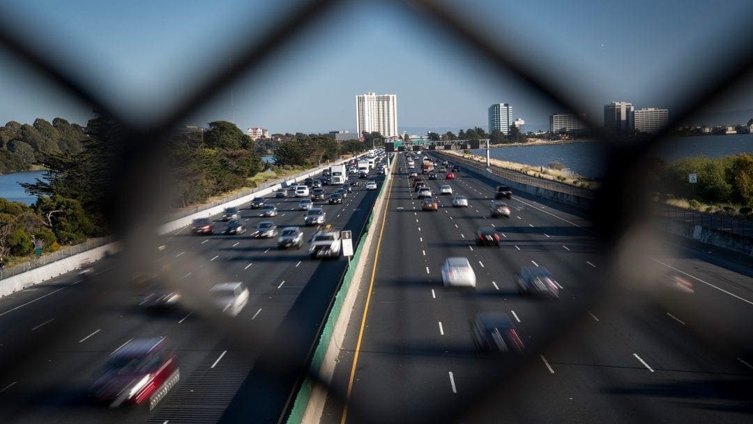 view of a highway from a caged bridgen Berkeley, California, U.S., on Monday, May 7, 2018. 