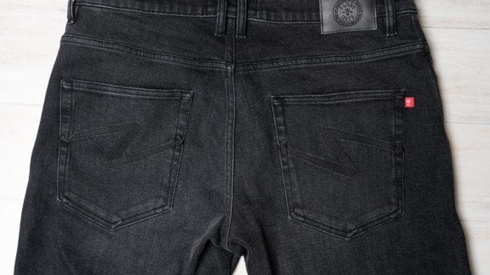 Rear closeup view of Pando Moto jeans Rear closeup view of Pando Moto jeans