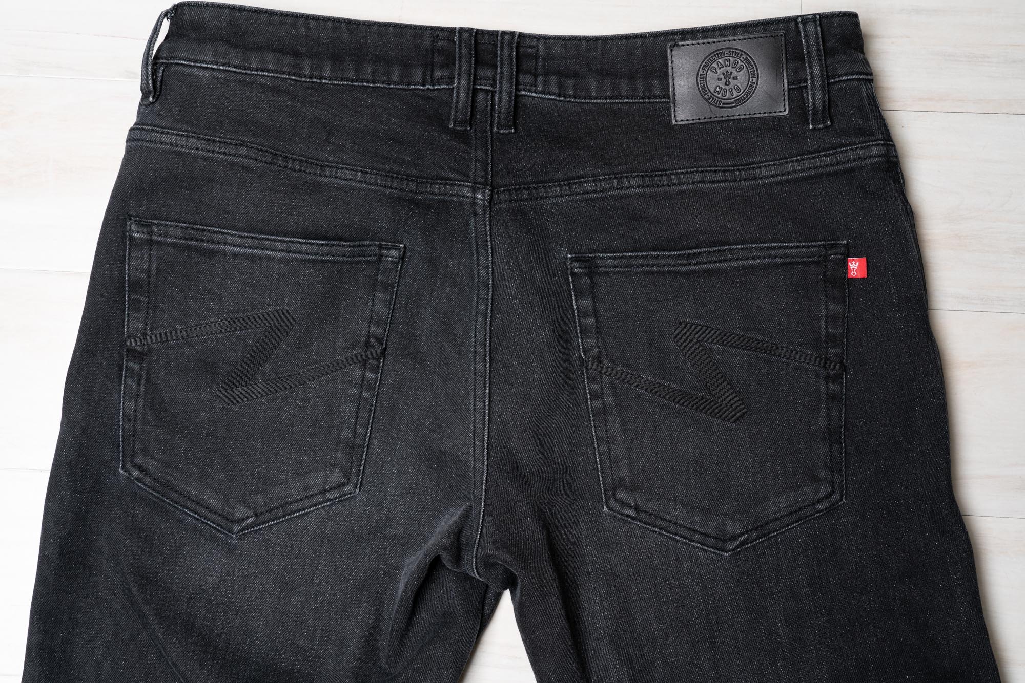 Rear closeup view of Pando Moto jeans