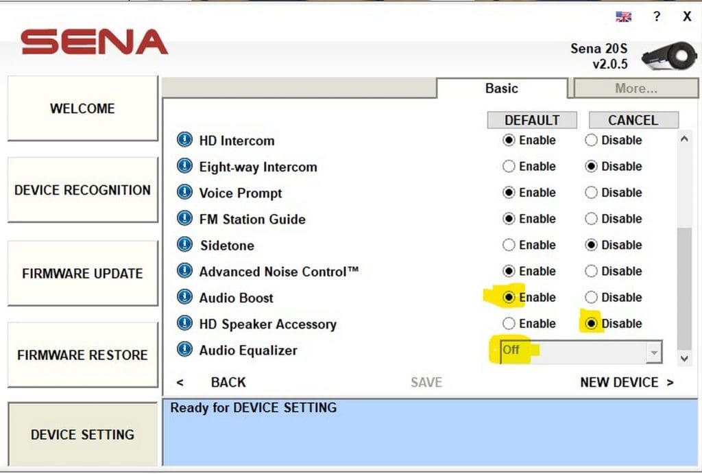 SENA firmware screenshot