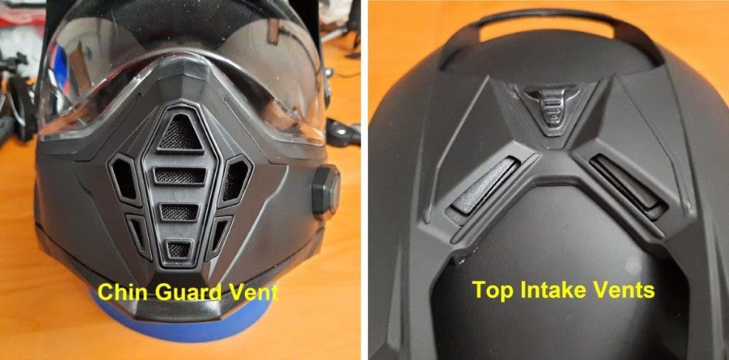 Chin guard vent and top intake vents on Viaggo Parlare helmet