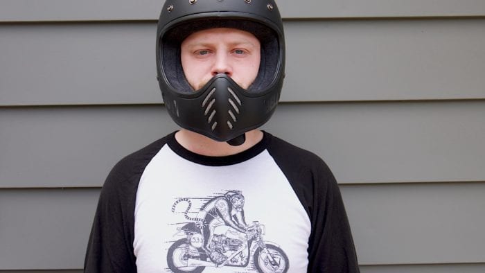Wade Thiel wearing Bell Moto-3 Helmet front view, no visor Wade Thiel wearing Bell Moto-3 Helmet front view, no visor