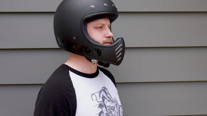 Wade Thiel wearing Bell Moto-3 Helmet front three-quarter, no visor Wade Thiel wearing Bell Moto-3 Helmet front three-quarter, no visor