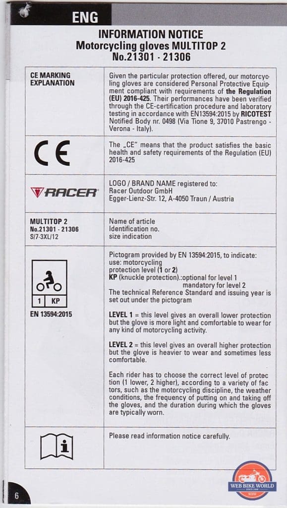 Racer Gloves Multitop 2 Waterproof Gloves CE Explanation Chart