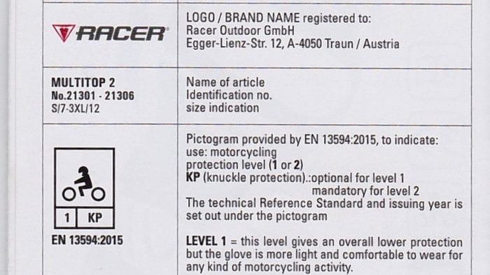 Racer Gloves Multitop 2 Waterproof Gloves CE Explanation Chart Racer Gloves Multitop 2 Waterproof Gloves CE Explanation Chart