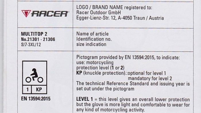 Racer Gloves Multitop 2 Waterproof Gloves CE Explanation Chart