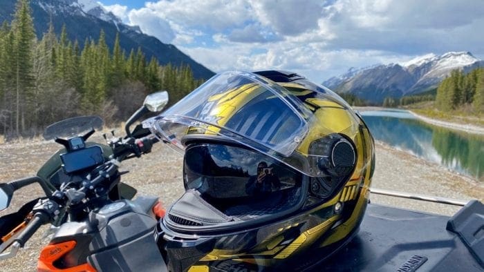 The Shark Spartan GT helmet in Kananaskis Country, Alberta, Canada. The Shark Spartan GT helmet in Kananaskis Country, Alberta, Canada.