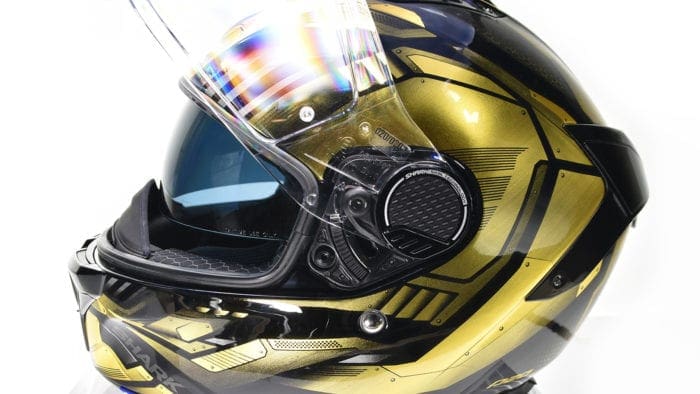 The Shark Spartan GT Replikan with the main visor raised. The Shark Spartan GT Replikan with the main visor raised.