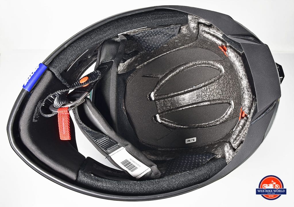 A view of the inside of the Shark Spartan GT Replikan helmet with the comfort liner and cheek pads removed.