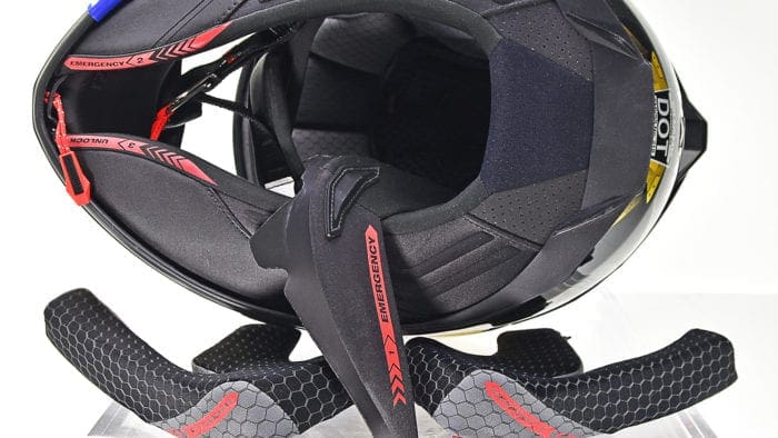 The Shark Spartan GT Replikan interior padding has an emergency removal system on it.