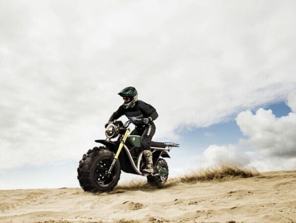 A rider trying out The Grunt, an electric off-roading motorcycle made by Volcon Powersports