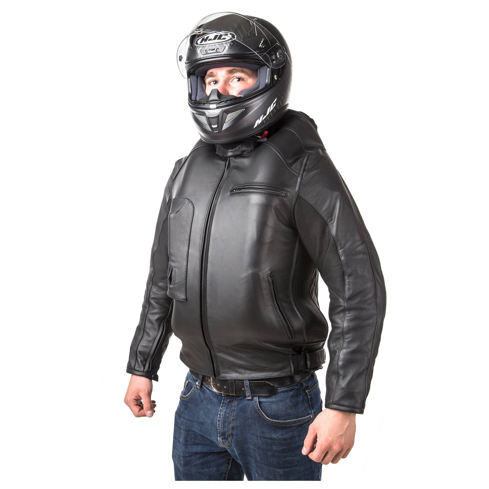 a model trying out an airbag jacket