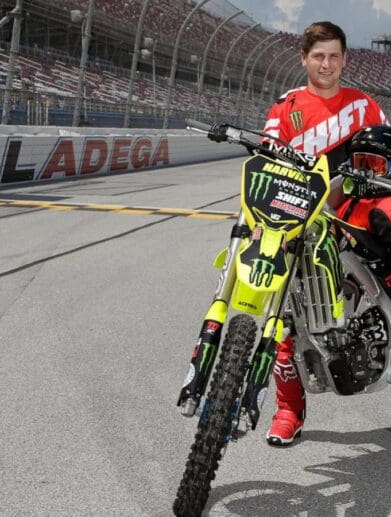 Stuntman Alex Harvill on his bike at a track
