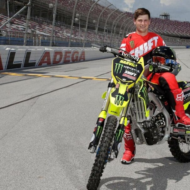 Stuntman Alex Harvill on his bike at a track