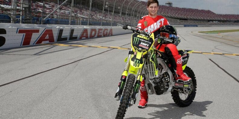 Stuntman Alex Harvill on his bike at a track