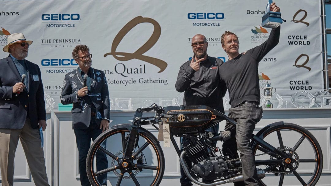 Niki Smart showing off his Best Design Award at the 2019 Quail, with his custom ABC 500 motorcycle