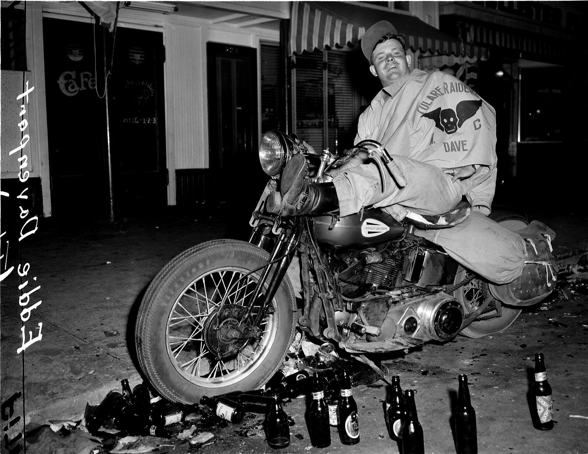 Eddie Davenport on a Harley Davidson at the Hollister Riots in California in 1947