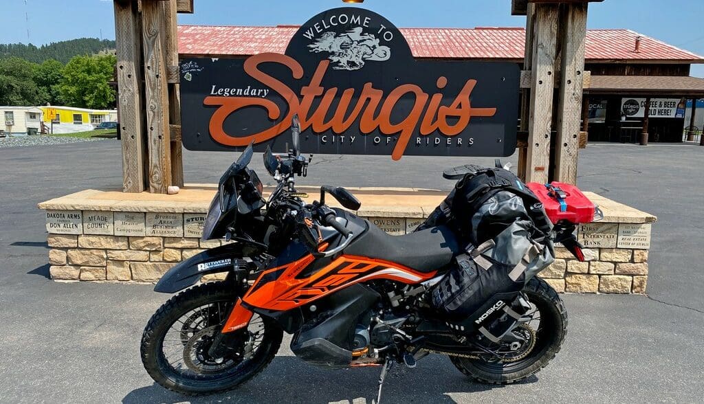 My KTM 790 Adventure in front of the welcome sign in Sturgis, SD.