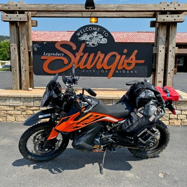 My KTM 790 Adventure in front of the welcome sign in Sturgis, SD.