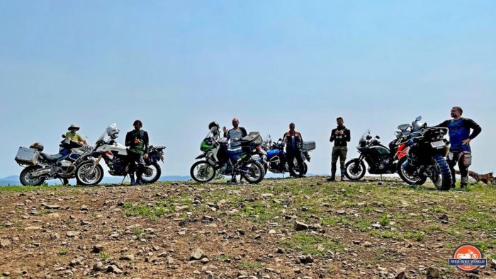 A mixed group of adventure motorcycles together in the Black Hills of South Dakota.