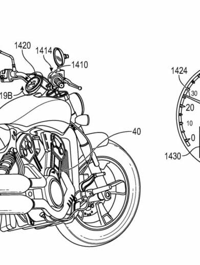 A picture of an Indian Motorcycle, with radar system concept built into the bike.