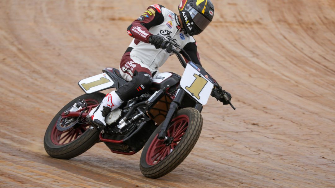 A view of Indian Motorcycle Racing SuperTwins Champion and Wrecking Crew member, Briar Bauman, with a motorcycle