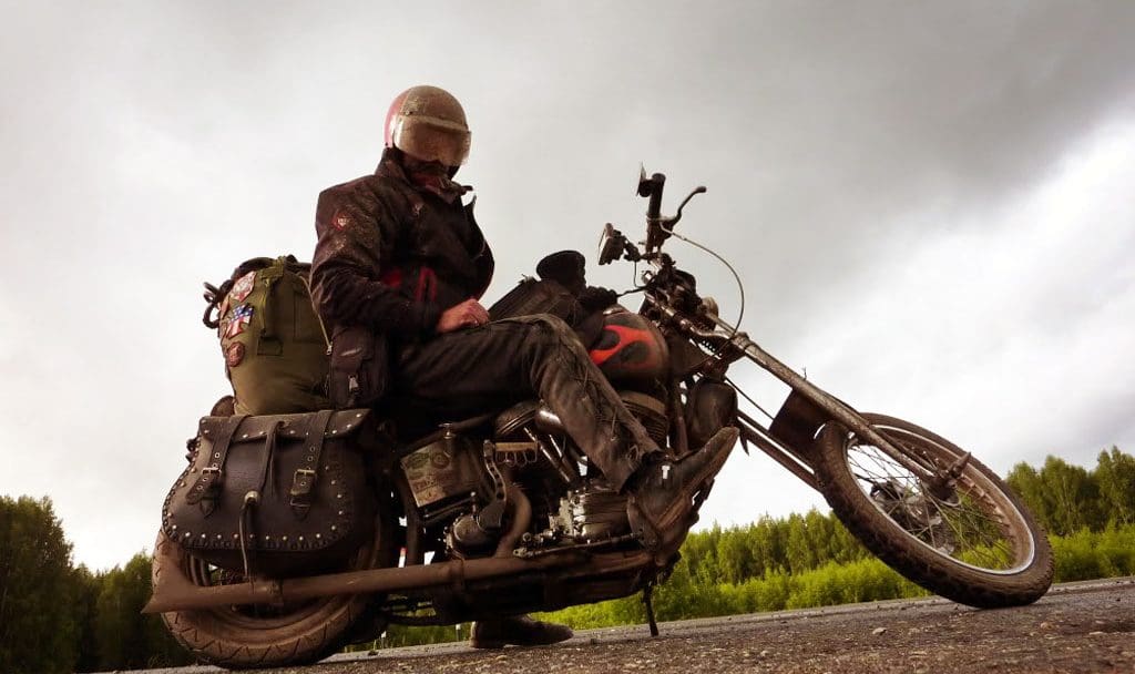 Doug Wothke riding a 1962 Harley Davidson chopper around the world.