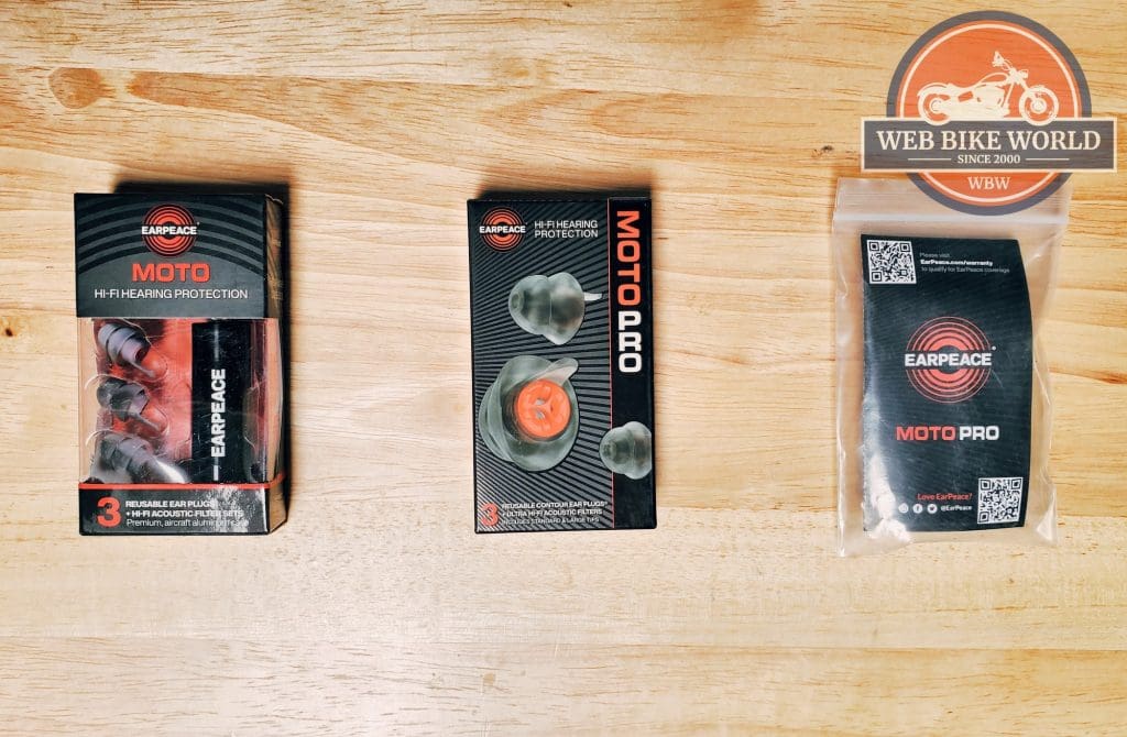 Three levels of EarPeace MOTO ear plugs in their original packaging.